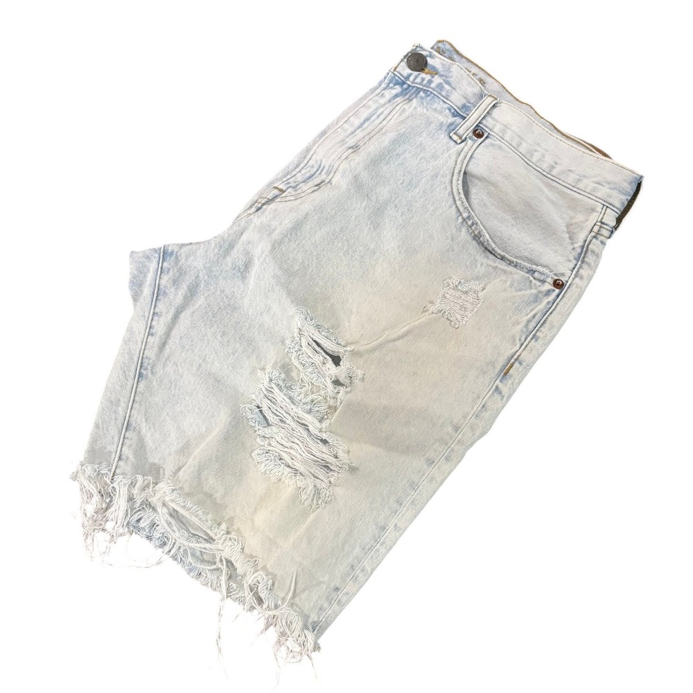 AMERICAN EAGLE Mens 38 Light Wash Distressed Denim Jean Shorts Cutoff Raw Hem